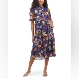 NWT - Julia Jordan Multi Floral Ruffle Neck Banded Waist Midi Dress - Size 16